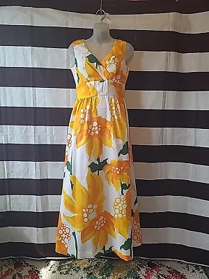 Vintage 70s Malia Hawaii Maxi Dress Small Bright Tropical Floral Yellow Orange • $88