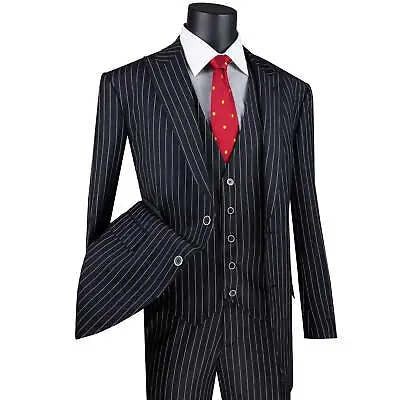 VINCI Men's Black Gangster Stripe 3-Piece Classic-Fit Suit - NEW • $130