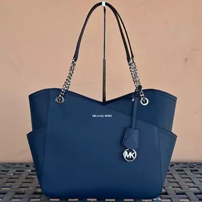 Michael Kors Jet Set Travel Large  Leather Chain Shoulder Tote Bag In Navy Blue • $118