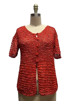 Vera Cristina Top Button Blouse Sheer Mesh Ribbon Crochet Orange Silk SZ M • $18.74