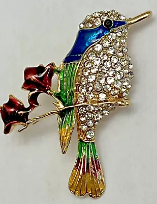 Bird Hummingbird Crystal Clear Glass Rhinestones Brooch Pin Vintage Blue Enamel • $8.99