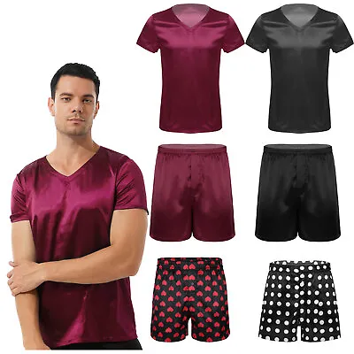 US Mens Satin Silk Shirt Short Sleeve Nightwear Pajamas Sleepwear Boxers Shorts • $9.29