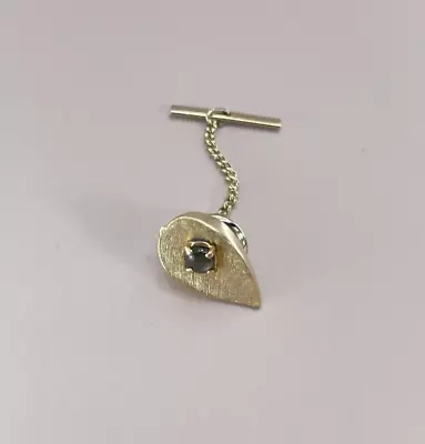 Vintage Tie Clip With Chain Green Spinel Gold Tone Textured Teardrop 11/16  Long • $17