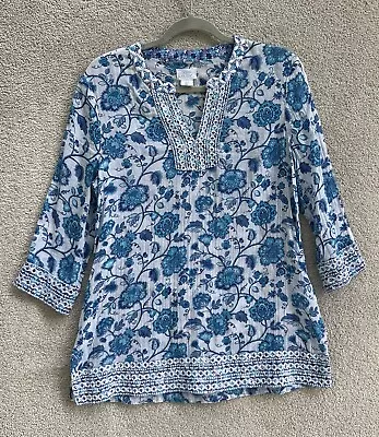 Sigrid Olsen Blouse Women's Small White & Blue Floral Ruffle Top 3/4 Sleeve • $11.99