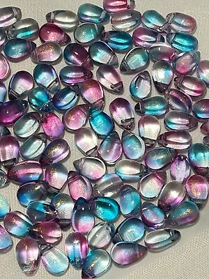 £3.40 • Buy 20 Glass Teardrop Beads Pink / Blue Glitter 9mm X 6mm, 1mm Hole (MYGB 30)