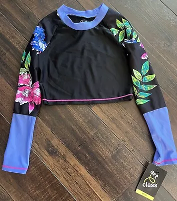 NWT Art Class Girls Size Small 6/6x Long Sleeve Rash Guard Swim Top Black Floral • $7.50