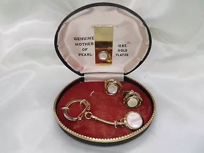 Vintage Genuine Mother Of Pearl 18K Gold Plated Cuff Links W Key & Money Clip • $19.95