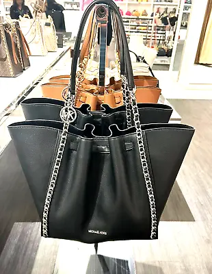 Michael Kors Mina Women Large Belted MK Charm Chain Tote Shoulder Bag In Black • $195