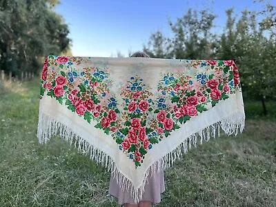 Large Festive Scarf Traditional Vintage Scarf. Shawl With Flowers And Tassels • $70