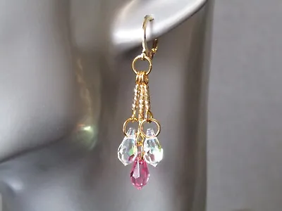 £16.99 • Buy Swarovski AB & Pink Crystal Teardrop Fancy Cut Bar Gold Huggie Hoop Earrings 