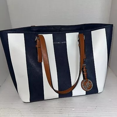 Michael Kors Jet Set Striped Travel Small Tote Navy Blue & White Saffiano • $55.77