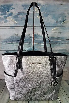 Michael Kors Monogram Jet Set Silver Metallic Large Travel Tote Shoulder Bag EUC • $105