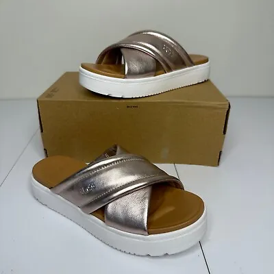 NIB UGG Women's Zayne Crossband Platform Leather Sandals Silver Metallic Size 6 • $37.99