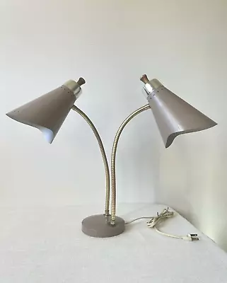 Vintage MCM Dual Gooseneck Flexible Cone Desk Table Lamp Atomic Gray Tone • $50