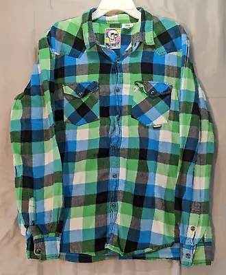 Mambo Mens Flannel Shirt Size XL Snap Button Blue Black Green White Plaid Cotton • $19.99