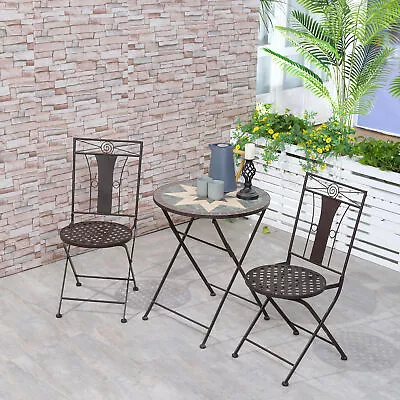 3 Pcs Patio Bistro Set Mosaic Floral Patio Set W/ Folding Chairs Table For Yard • £169.99