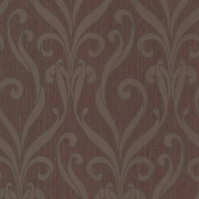 Fine Decor - Burgundy Purple & Gold Metallic Swirl Damask Wallpaper - FD65848 • £6.49