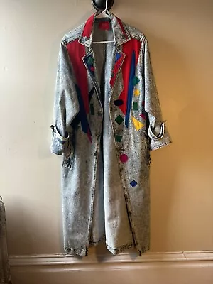 80s Vintage Custom Embroidered Acid Wash Denim Coat  Jacket Men’s M Women’s L • $99.99