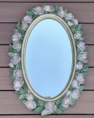 Vintage HOME INTERIORS Oval PINK GOLD ROSES 27 X 19 Shabby Chic WALL MIRROR • $69.99