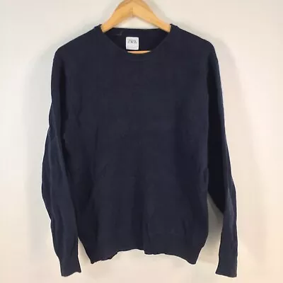 Zara Mens Ribbed Jumper Size L Slim Fit Navy Blue Long Sleeve Crew Neck 080828 • $22.95