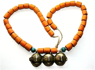 Beautiful Vintage Chunky Naga Necklace 3 Brass Heads 15mm Orange Glass Beads 30  • $89.99