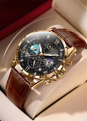 Lige Men's Quartz Watch Starry Sky Date Moon Phase Luminous Waterproof Watch • $34.95