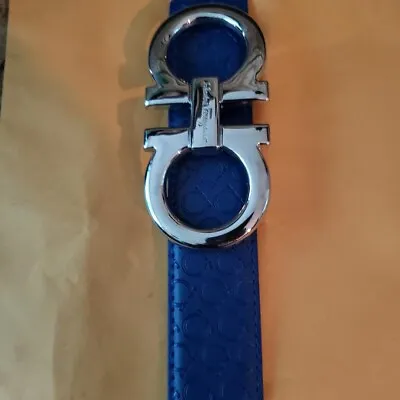 Blue Ferragamo Leather Belt Silver Big Buckle Fits 24 - 38  • $89