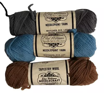 Elsa Williams Needlepoint Yarn Pure Wool 3 Skeins N721 N534 N802 Blue Brown Gray • $9