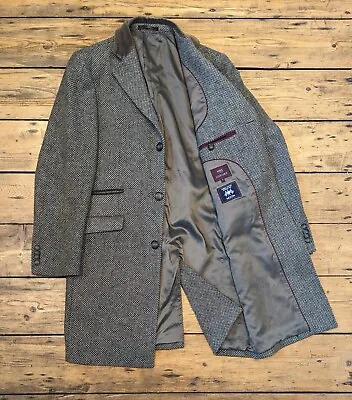 Marks & Spencer Luxury Abraham Moon Tweed Covert Coat M Mens Velvet Collar M&S • £80