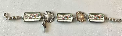 Vintage Porcelain Sterling Silver Panel Bracelet Parrot Bird Charm T Foree Style • $89.95