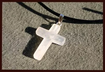 UK Rose Quartz Crystal Gemstone Cross Pendant Black Cord/Silver Necklace Chain • £3.99