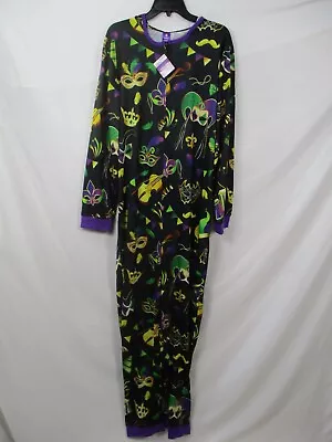 Mardi Gras Union Suit Costume Womens XL Mens Large Black Zip Up Hooded New • $39.99