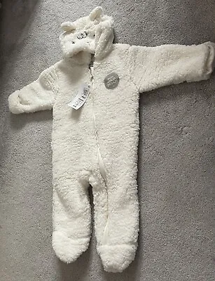 M&S Baby Girls Boys Unisex Cream Lamb Snowsuit All In One Pramsuit  3-6 Months • £9.90