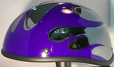 Voss Black Chrome & Purple Flame Beanie Novelty Motorcycle Helmet Super Light • $39.99