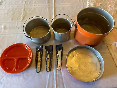 Vintage Orange Aluminum Camp Mess Kit Kitchen Pots  Plates & Utensils • $23