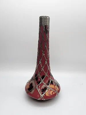 Vintage Japanese Awaji Meiji Flambe Glaze Silver Wire Weave Art Deco Vase  • $175