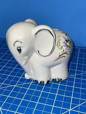 Vintage Ceramic Elephant Piggy Bank With Blue Flowers Painted Unmarked • $17.95