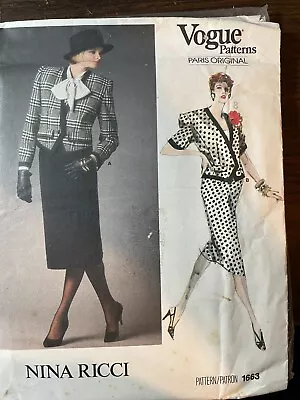 Vogue 1663 Vintage 80's Paris Original Designer Nina Ricci Pattern Sz. 8 UnCut • $11.55