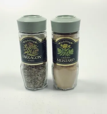 Vintage Schilling Glass Spice Bottles Dark Green Label Tarragon Mustard • $11.10