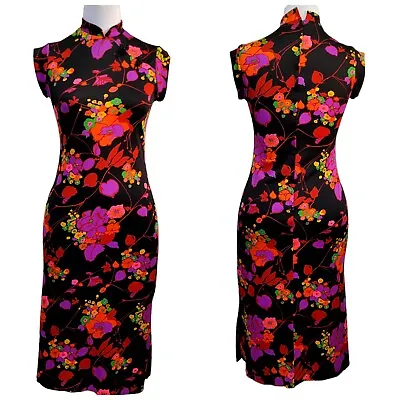 Vintage 70s Amy Deb M Neon Bright Floral Cheongsam Dress Unfinished Hem Tiki Mod • $91.99