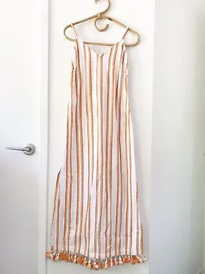 TIGERLILY Size 6 White/Orange Stripe Tasselled Hem 100% Cotton Boho Maxi Dress • $40