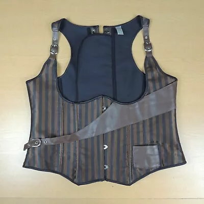 Striped Corset Vest Women Steel Boned Brown Steampunk Gothic Pirate Bustier 6XL • $19.99