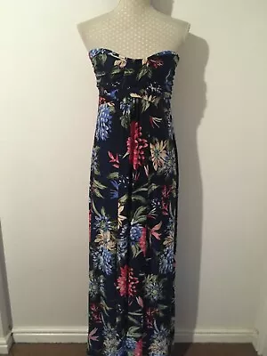 AX Paris Dark Blue Tropical Floral Strapless Bandeau Maxi Dress Size 12/14 • £14.95