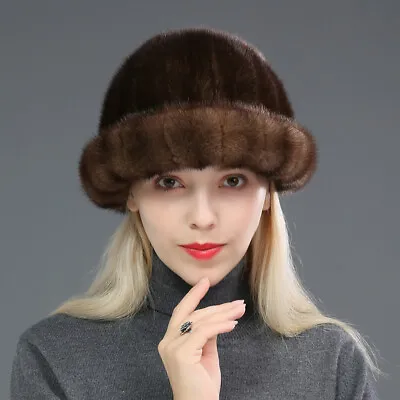 Women Real Whole Mink Fur Top Hats Winter Warm Earmuffs Cap Handmade  • $42.49