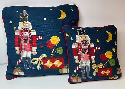 $25 • Buy 2 Vintage Nutcracker Christmas Needlepoint Throw Pillows 10” & 14  Velvet Back