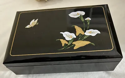 Vintage Japan Black Lacquerware   Love Story Theme  Wind Up Music Jewelry Box • $19.99