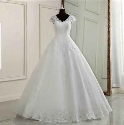 £195 • Buy UK New White/Ivory A Line Beaded Cap Sleeve Floor Length Wedding Dress Size 16