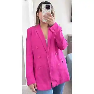 Zara Hot Pink Fuchsia Double Breasted Button Blazer Oversized Pocket Small • $110
