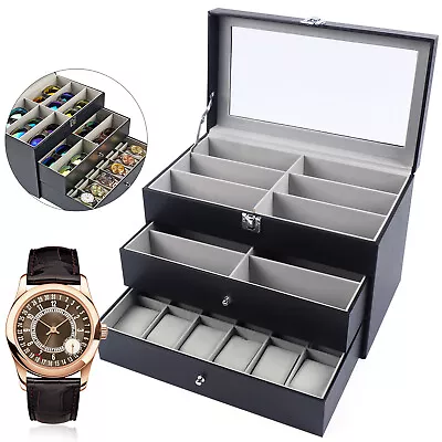 Watch Box Leather Display Case Organizer 24 Slots Glass Jewelry Storage Men NEW • $38.95