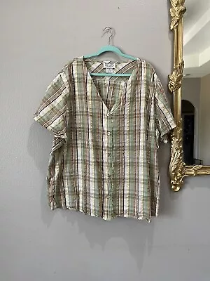 Women's Mainstreet Blues Size C4 Or 4X Plaid Short Sleeve V-neck Button Blouse • $24.50